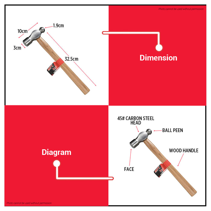 Buildmate x MPT Ball Pein Hammer 1lb Wood Handle Heavy Duty Hand Tool MHD05001-1LB