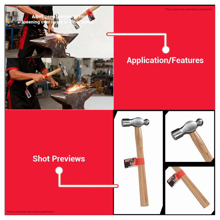 Buildmate x MPT Ball Pein Hammer 1lb Wood Handle Heavy Duty Hand Tool MHD05001-1LB
