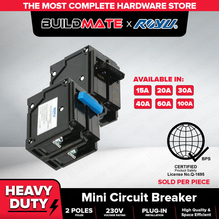 BUILDMATE Royu Mini Circuit Breaker Plug In Type Screw Terminal 2 Pole 15A | 20A | 30A | 40A | 60A | 100A Electrical Safety Breaker Safety Circuit Breaker Electrical Outlet Cover Electrical Circuit Safety Plug-In Breaker Mechanical Lug Terminal •