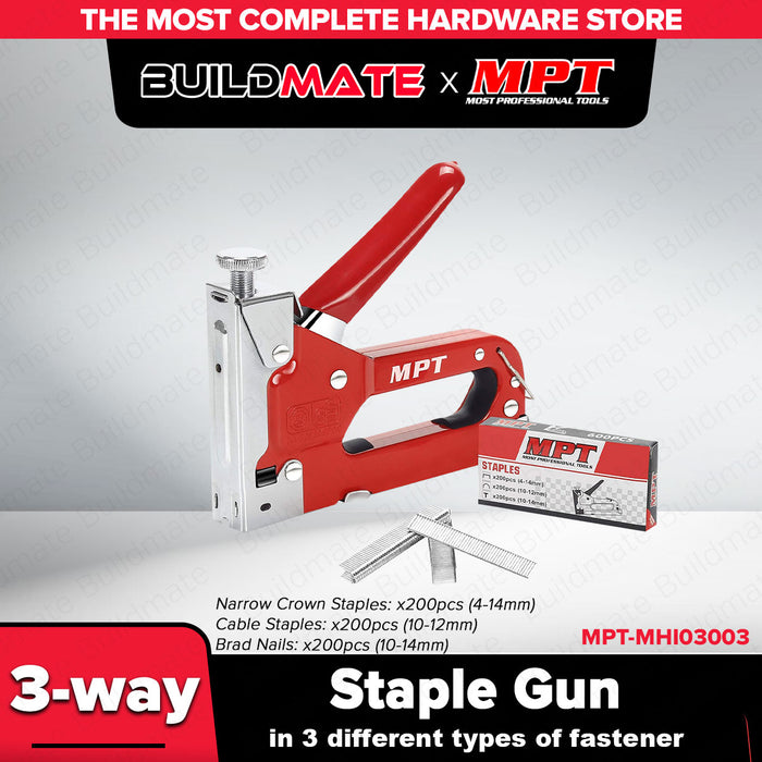Buildmate x MPT 3-Way Staple Gun Narrow Crown Cable Staples Brad Nails MHI03003 HT