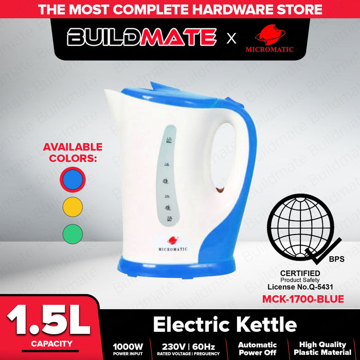 MICROMATIC Electric Cordless Plastic Kettle 1.5L MCK-1700 ( BLUE, GREEN, YELLOW ) •BUILDMATE•