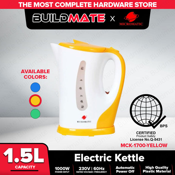 MICROMATIC Electric Cordless Plastic Kettle 1.5L MCK-1700 ( BLUE, GREEN, YELLOW ) •BUILDMATE•