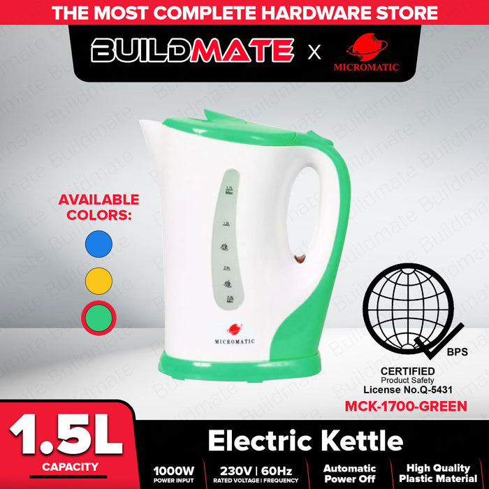 MICROMATIC Electric Cordless Plastic Kettle 1.5L MCK-1700 ( BLUE, GREEN, YELLOW ) •BUILDMATE•