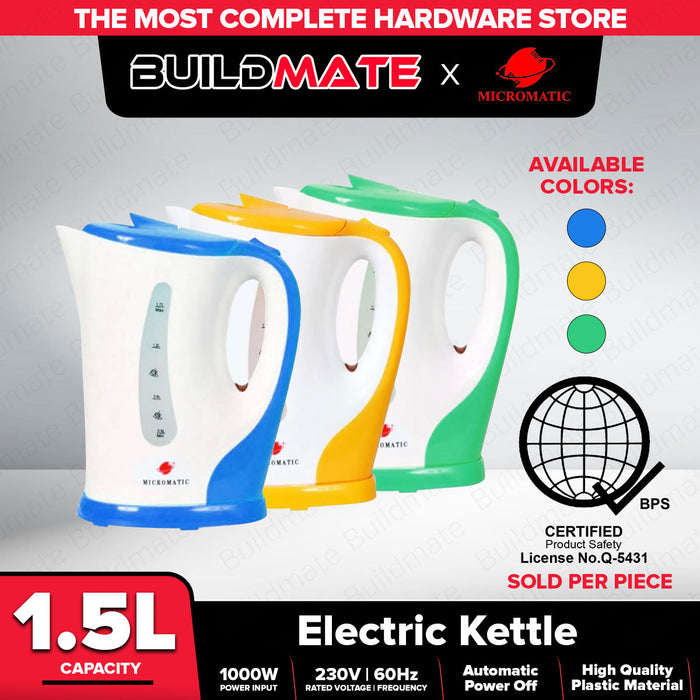 MICROMATIC Electric Cordless Plastic Kettle 1.5L MCK-1700 ( BLUE, GREEN, YELLOW ) •BUILDMATE•