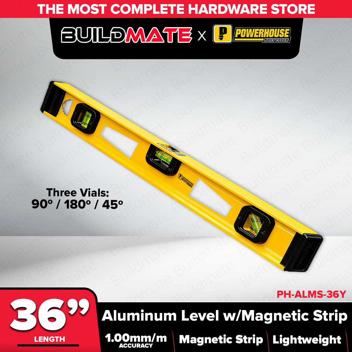 Buildmate x POWERHOUSE Aluminum Level w/Magnetic Strip Yellow 36 PH-AL
