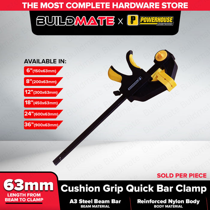 PowerHouse 6” / 8” / 12” / 18” / 24” / 36” Inches Cushion Grip Quick Bar Clamp | PH-CGQBCLAMP - PHHT
