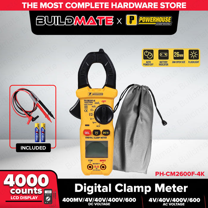 Powerhouse Digital Clamp Meter 4,000/ 6,000 Counts AC/DC Voltage 600V/CAT II  PHHT