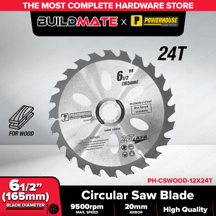 Powerhouse 6-1/2 x 24T Circular Saw Blade for Wood PH-CSWOOD6-12X24T Max Speed 9500RPM PTAA