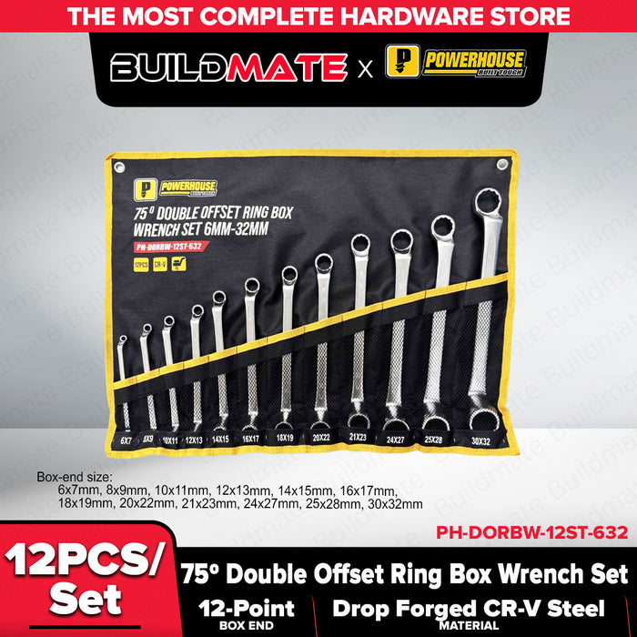 Buildmate x PowerHouse 75deg Double Offset Ring Box Wrench Set Cr-V 12 Pcs/Set (6mm-32mm)(PH-DORBW-12ST-632) PHHT