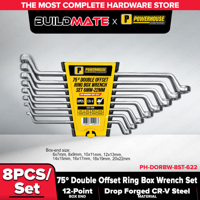 Buildmate x PowerHouse 75deg Double Offset Ring Box Wrench Set Cr-V 8 Pcs/Set (6mm-22mm)(PH-DORBW-8ST-622) PHHT
