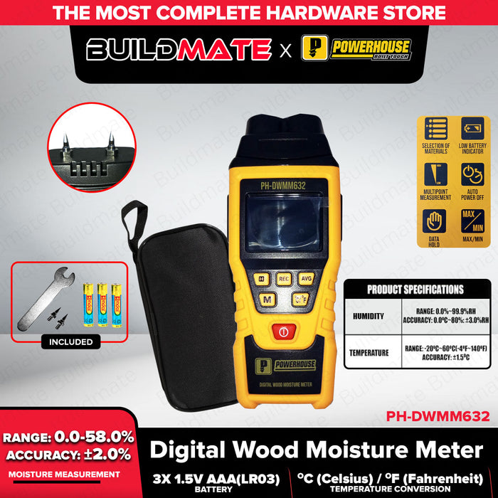 Powerhouse 0-58% Digital Wood Moisture Meter Pin- Type Measuring Tool Timber Damp Tester For Wood Drywall & Concrete PH-DWMM632 - PHHT