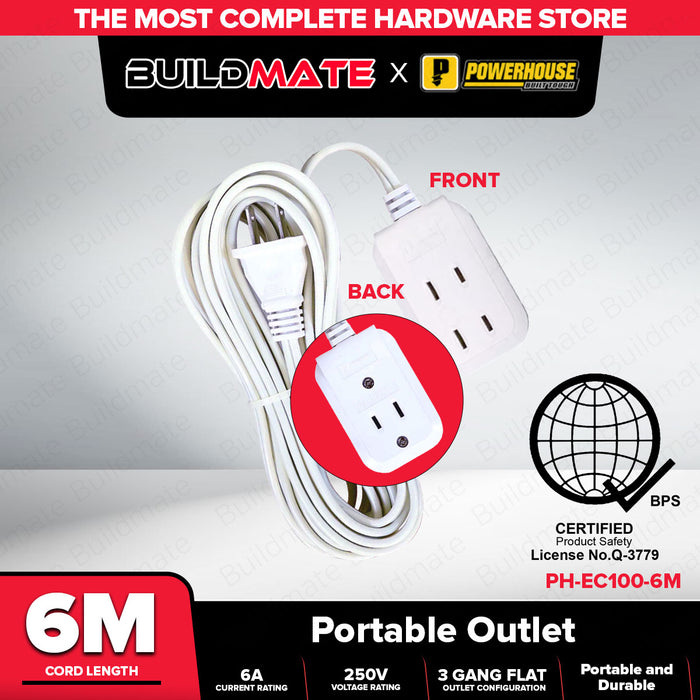 POWERHOUSE Electric 6 Meters 3 Gang Extension Cord Portable Socket Outlet Flat Pin PHEC-100-6M  PWTA