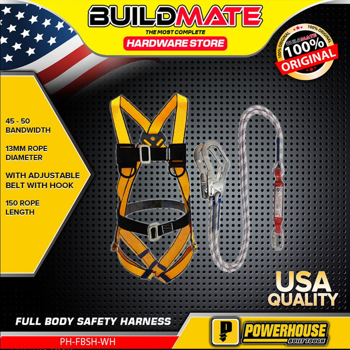 BUILDMATE Powerhouse Full Body Safety Harness with Adjustable Belt and Hook Ø13mm x 150cm Fall Arrest Protection Personal Safety Harness Belt - PHHT