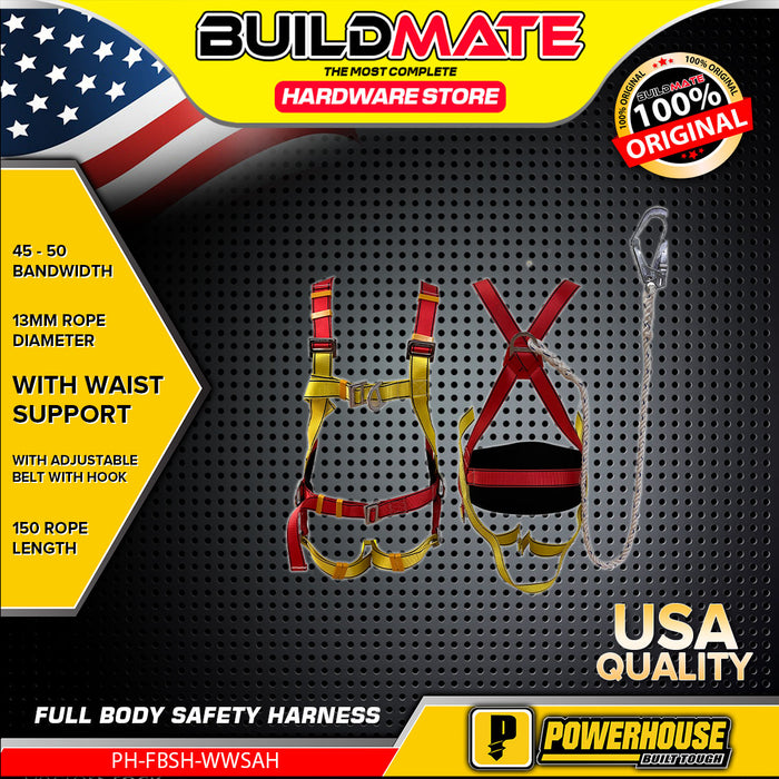 BUILDMATE Powerhouse Full Body Safety Harness with Adjustable Belt and Hook Ø13mm x 150cm Fall Arrest Protection Personal Safety Harness Belt - PHHT