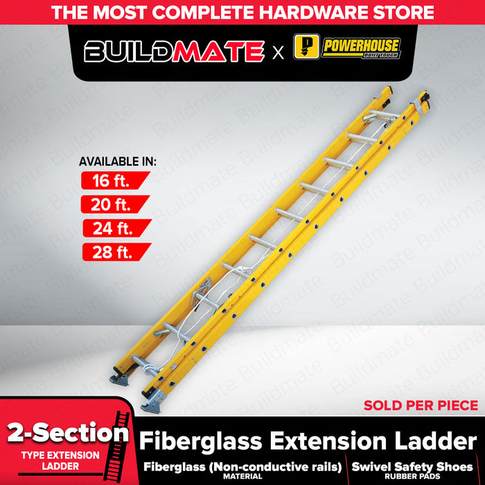 Buildmate x POWERHOUSE Fiberglass Extension Ladder 16-28ft 2-Section Non-Conductive PHHT