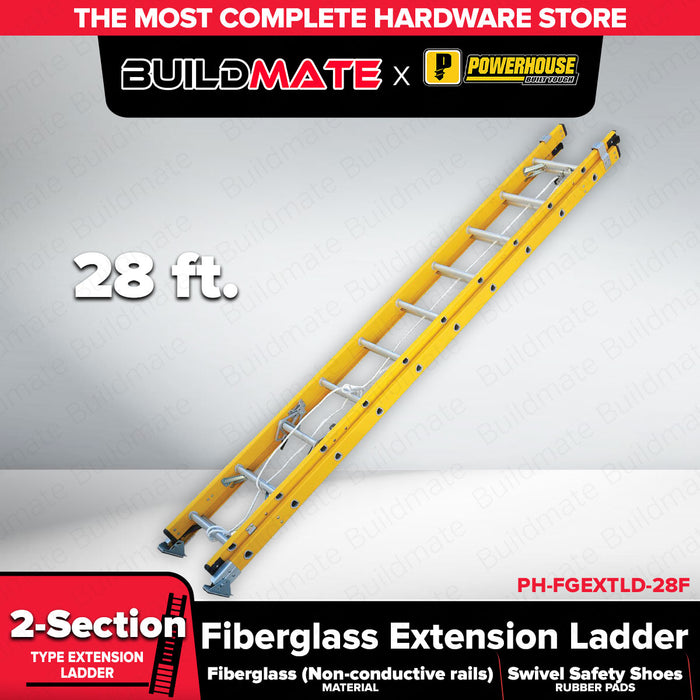Buildmate x POWERHOUSE Fiberglass Extension Ladder 16-28ft 2-Section Non-Conductive PHHT