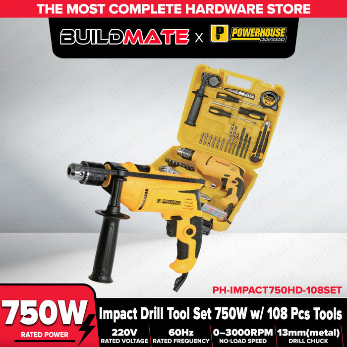 Buildmate x PowerHouse 750W Impact Drill Tool Set with 108PCS Accessories Electric Drill Kit PHPT