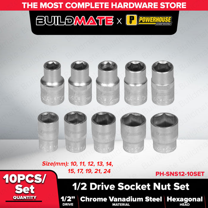 PowerHouse 10pcs 1/2" Drive Socket Nut Set for Car & Mechanical Use PH-SNS12-10SET PHHT