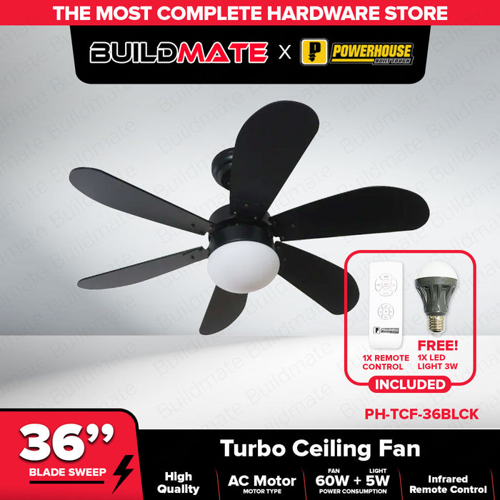POWERHOUSE Turbo Ceiling Fan AC Motor 36in With Led Bulb & Remote Control Black, White & Wood PHE