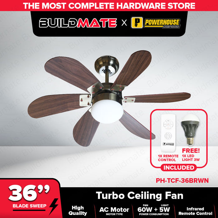 POWERHOUSE Turbo Ceiling Fan AC Motor 36in With Led Bulb & Remote Control Black, White & Wood PHE