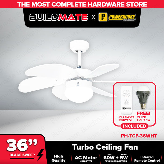 POWERHOUSE Turbo Ceiling Fan AC Motor 36in With Led Bulb & Remote Control Black, White & Wood PHE