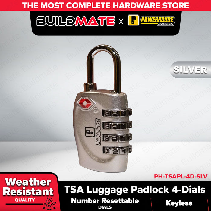 PowerHouse 4-Dials TSA Luggage Padlock (Silver/Black) PH-TSAPL-4D-SLV / PH-TSAPL-4D-BLK | PHDH