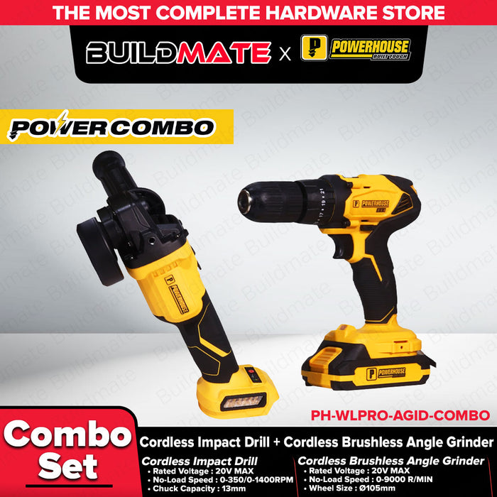 Buildmate x PowerHouse Power Combo Cordless Brushless Angle Grinder 20V and Cordless Impact Drill 20V Set PH-WLPRO-AGID-COMBO