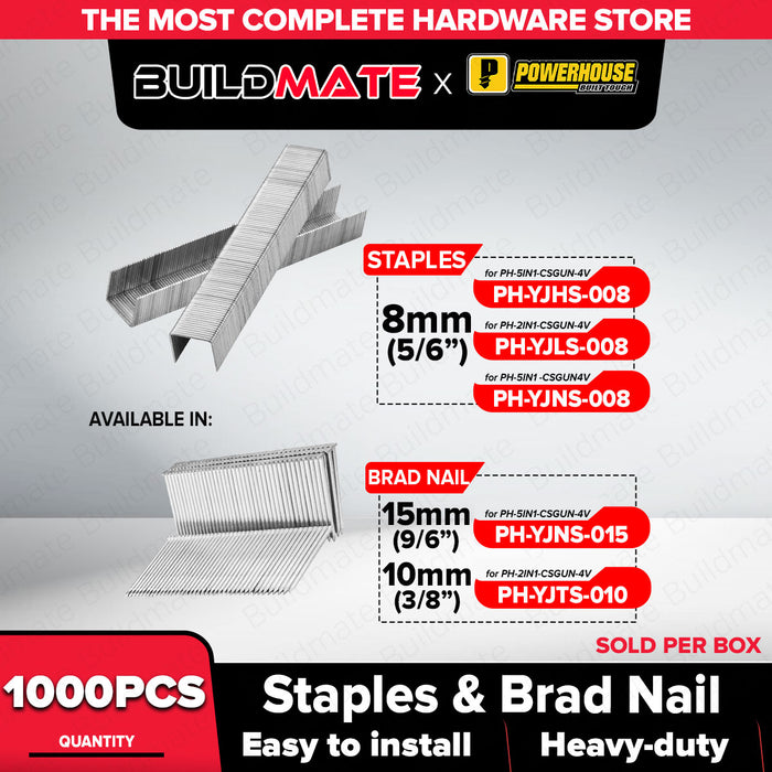 Buildmate x PowerHouse Heavy Duty Staples & Nails 1000PCS 8mm 10mm 15mm for Cordless Staple Gun PTAA