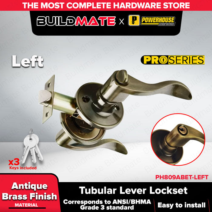 BUILDMATE x POWERHOUSE Pro Series Tubular Entrance Lever Lockset PH809ABET Antique Brass Finish US5 LEFT & RIGHT PHDH