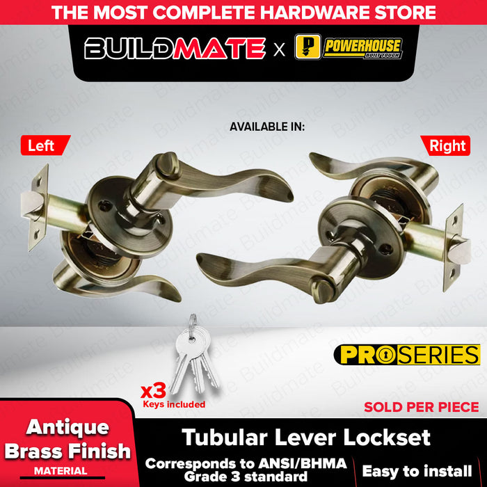 BUILDMATE x POWERHOUSE Pro Series Tubular Entrance Lever Lockset PH809ABET Antique Brass Finish US5 LEFT & RIGHT PHDH