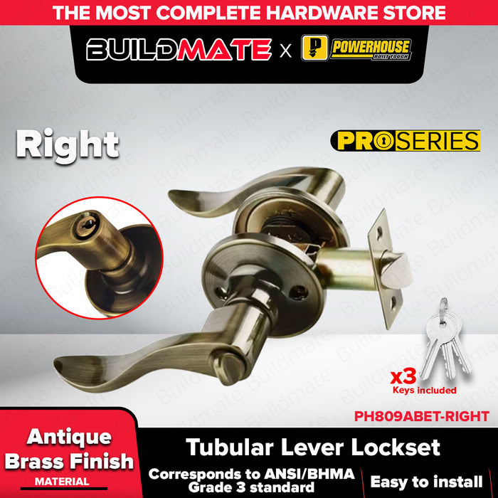 BUILDMATE x POWERHOUSE Pro Series Tubular Entrance Lever Lockset PH809ABET Antique Brass Finish US5 LEFT & RIGHT PHDH