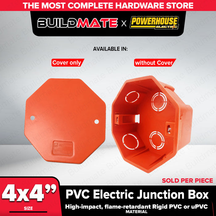 Buildmate x PowerHouse PVC Electric Junction Box 4x4 Cover Only / Without Cover Flame Retardant Electrical Utility Box PHE-JBCO PHE-JBWOC PHE