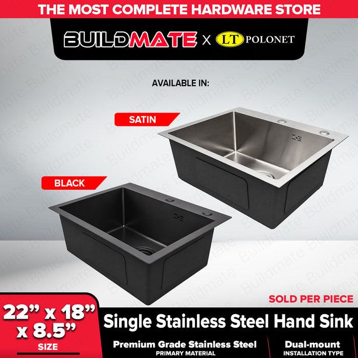 Buildmate x Pololock Single Stainless Steel Kitchen Hand Sink 22x18x8.5in Dual Mount Hand Sink Satin/Black PL22042-1/PL22042-2