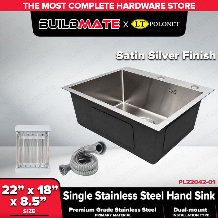 Buildmate x Pololock Single Stainless Steel Kitchen Hand Sink 22x18x8.5in Dual Mount Hand Sink Satin/Black PL22042-1/PL22042-2