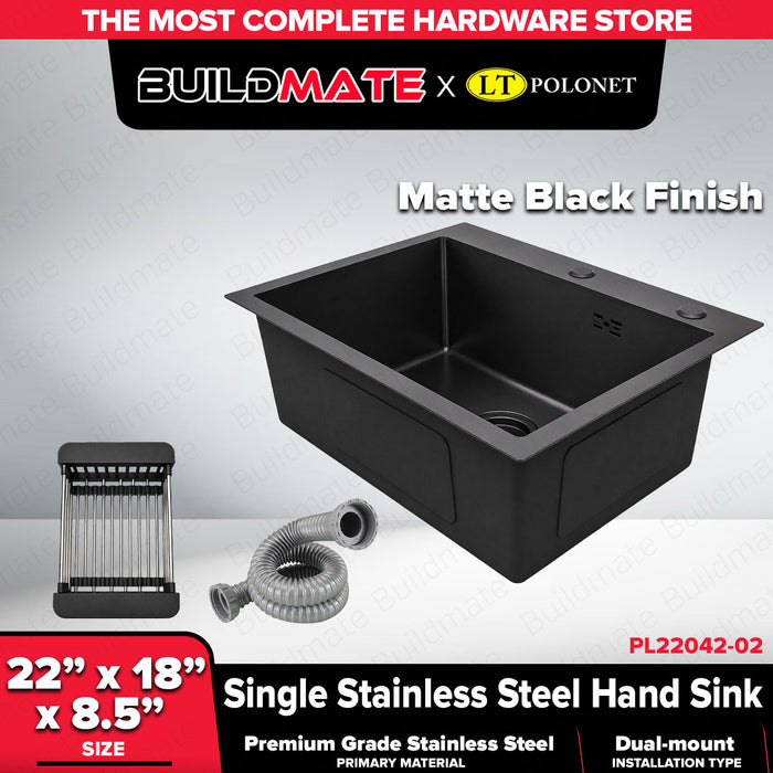 Buildmate x Pololock Single Stainless Steel Kitchen Hand Sink 22x18x8.5in Dual Mount Hand Sink Satin/Black PL22042-1/PL22042-2