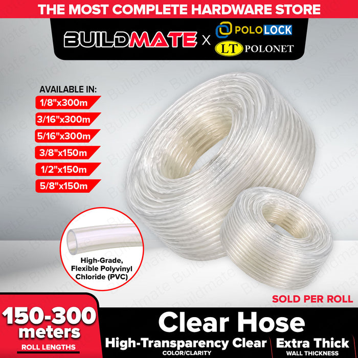 Buildmate x Pololock Clear PVC Hose Sold Per Roll Flexible Transparent Water Hose 1/8in 3/16in 5/16in 3/8in 1/2in 5/8in 300M & 150M PL22092 Series