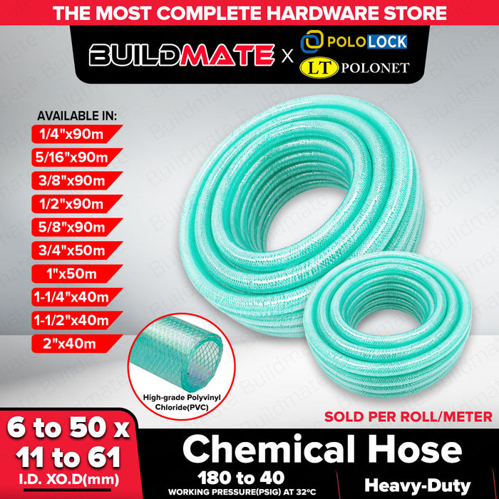 Buildmate x Pololock Chemical Hose PVC Industrial Fluid Transfer Hose Available in Multiple Sizes 1/4,1/2,5/8,1,1-1/4,1-1/2,2 90m/50m/40m PL22093 Series