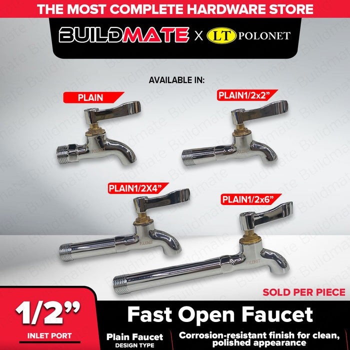 BUILDMATE x POLOLOCK Fast Open Faucet Plain 1/2”x2” / 1/2”x4” / 1/2”x6” – Durable Water Tap for Bathroom, Kitchen & Outdoor Use