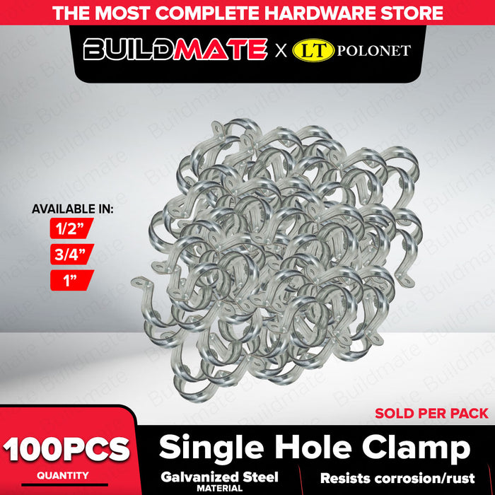 Buildmate x Pololock Single Hole Pipe Clamp Galvanized Steel 1/2in 3/4in 1in 100pcs/SET