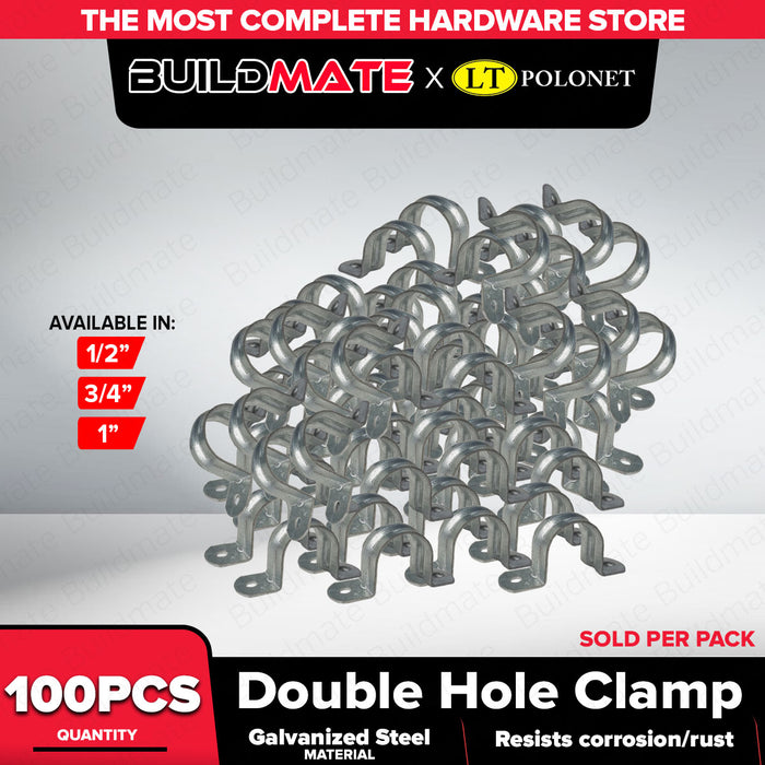 Buildmate x Pololock Double Hole Pipe Clamp Galvanized Steel 1/2in 3/4in 1in 100pcs/SET