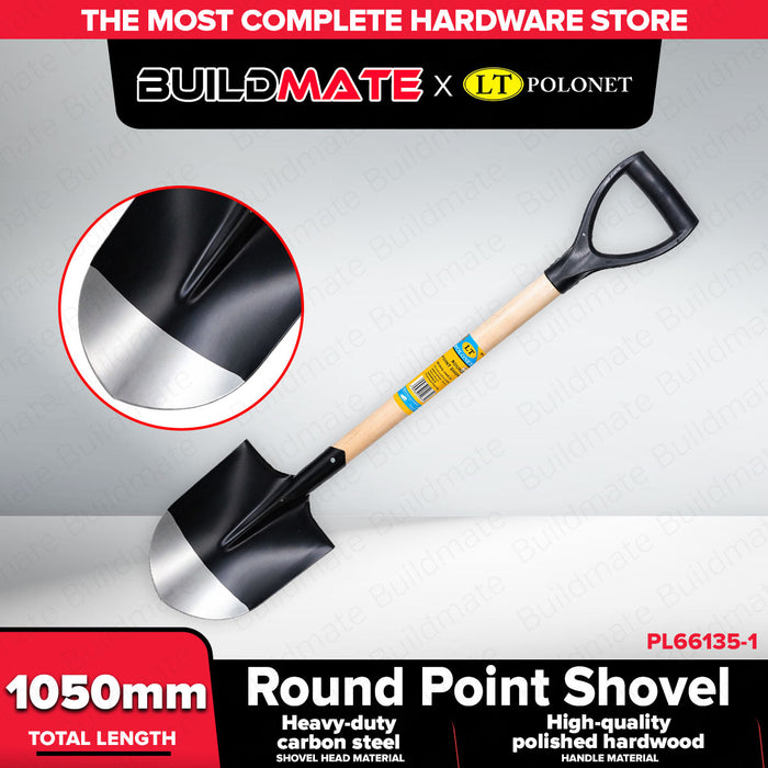 Buildmate x Pololock Round Point Shovel with Wood Handle Heavy Duty Carbon Steel Digging Shovel PL66135-1