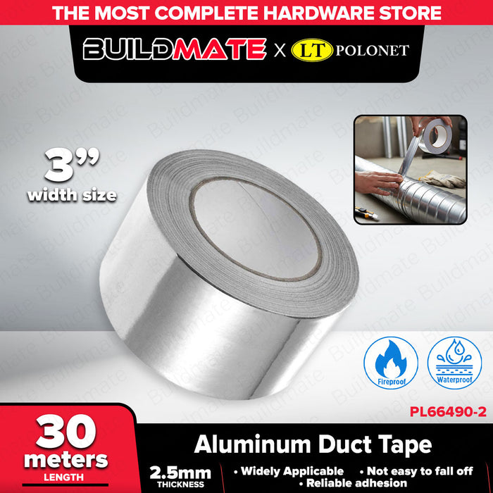 BUILDMATE x POLOLOCK Aluminum Duct Tape 2” / 3” – 30m Fireproof & Waterproof Heavy-Duty Adhesive Tape for HVAC & Repairs