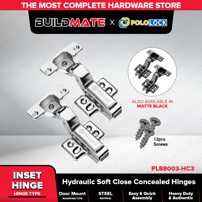Pololock Matte Black Soft Close Hinges for Frameless Cabinets 90° Use C1–C3, HC1–HC3 - BUILDMATE