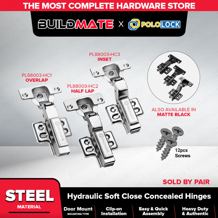 Pololock Matte Black Soft Close Hinges for Frameless Cabinets 90° Use C1–C3, HC1–HC3 - BUILDMATE