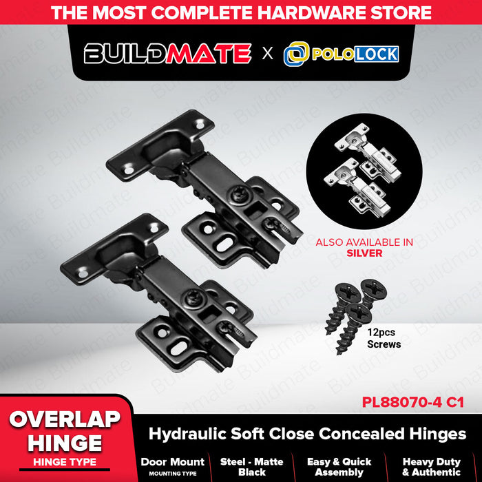 Pololock Matte Black Soft Close Hinges for Frameless Cabinets 90° Use C1–C3, HC1–HC3 - BUILDMATE