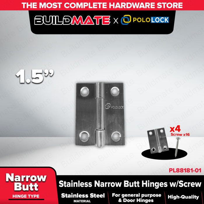 BUILDMATE x POLOLOCK Stainless Steel Narrow Butt Hinges with Screws 1.5” / 2” / 2.5” / 3” / 3.5” – Durable Door & Cabinet Hinge Set