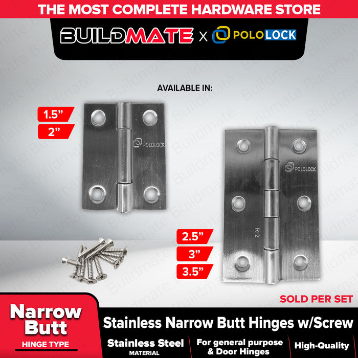 BUILDMATE x POLOLOCK Stainless Steel Narrow Butt Hinges with Screws 1.5” / 2” / 2.5” / 3” / 3.5” – Durable Door & Cabinet Hinge Set