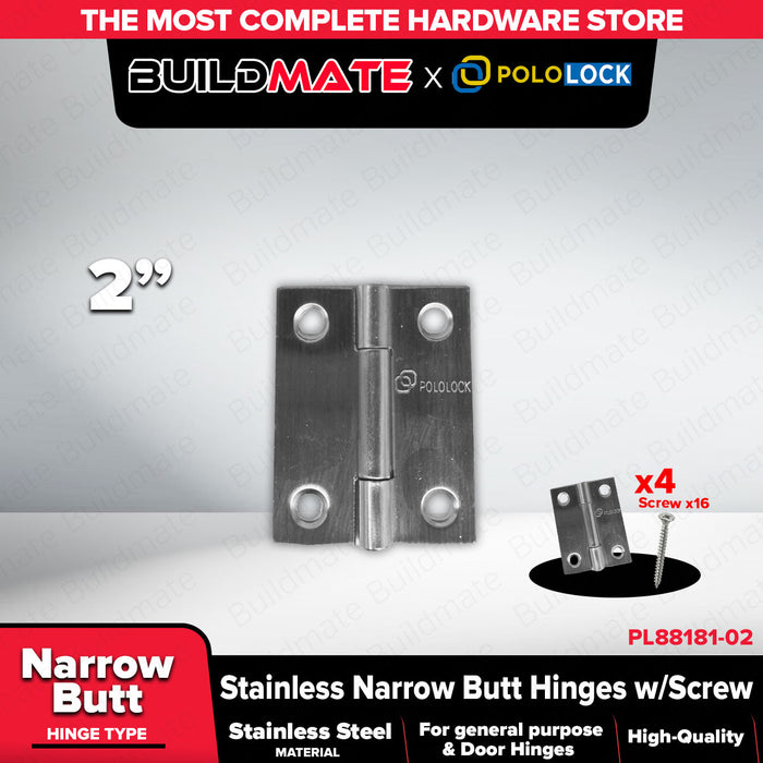 BUILDMATE x POLOLOCK Stainless Steel Narrow Butt Hinges with Screws 1.5” / 2” / 2.5” / 3” / 3.5” – Durable Door & Cabinet Hinge Set