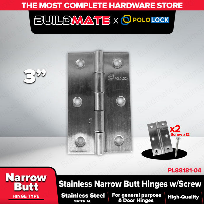 BUILDMATE x POLOLOCK Stainless Steel Narrow Butt Hinges with Screws 1.5” / 2” / 2.5” / 3” / 3.5” – Durable Door & Cabinet Hinge Set