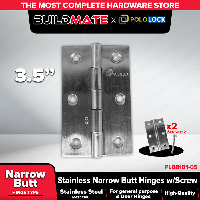 BUILDMATE x POLOLOCK Stainless Steel Narrow Butt Hinges with Screws 1.5” / 2” / 2.5” / 3” / 3.5” – Durable Door & Cabinet Hinge Set